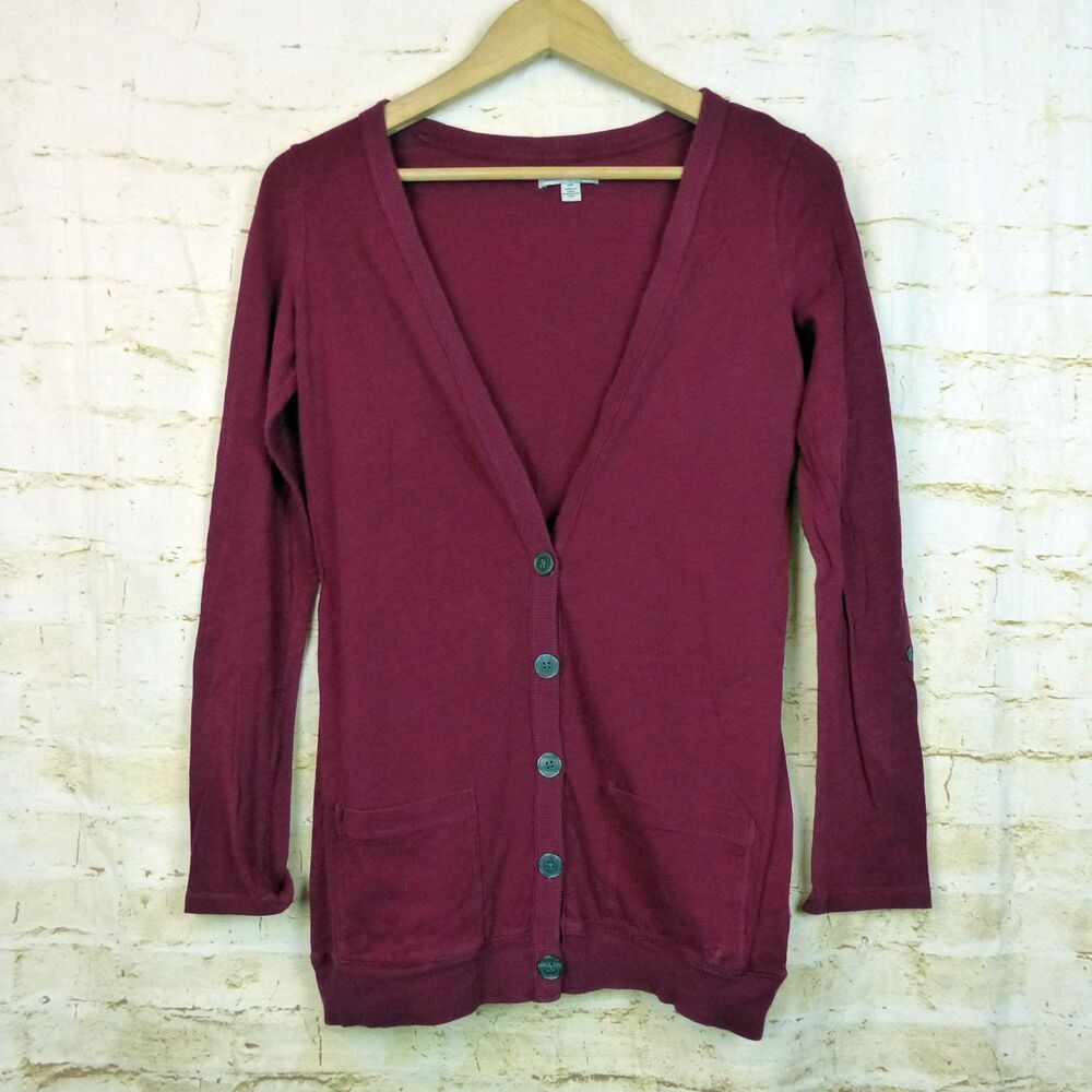 American Eagle Cardigan Womens S Burgundy V Neck Button Knit Pockets Academia